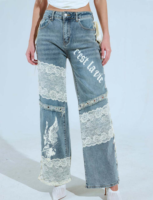 Lace Splicing Low Rise Straight Leg Jeans