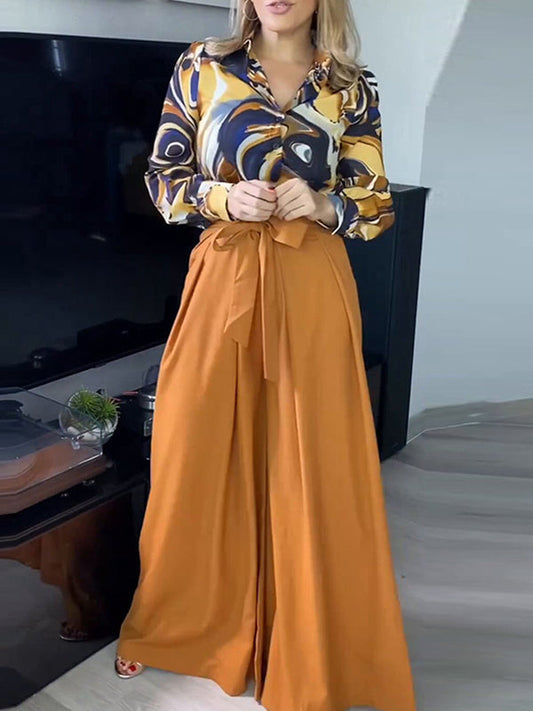 Printed Long Sleeves Buttoned Lapel Blouse + Tied Waist High Waisted Wide Leg Pants Two Pieces Set