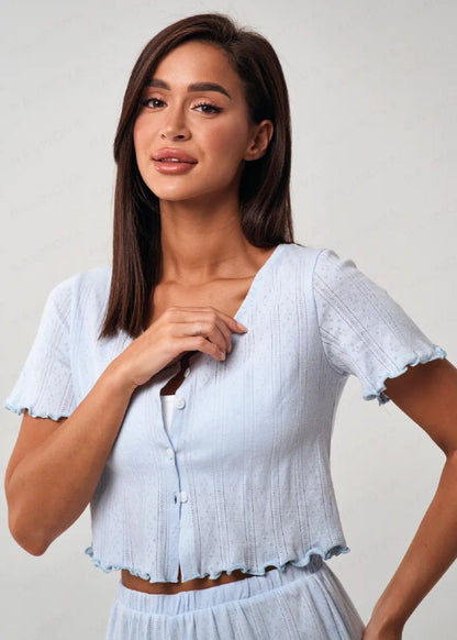 Short Sleeve Lounge Set Cotton Polyester Blend