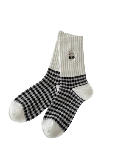 Rufia - Cute Cat Embroidery Plaid Socks for Women
