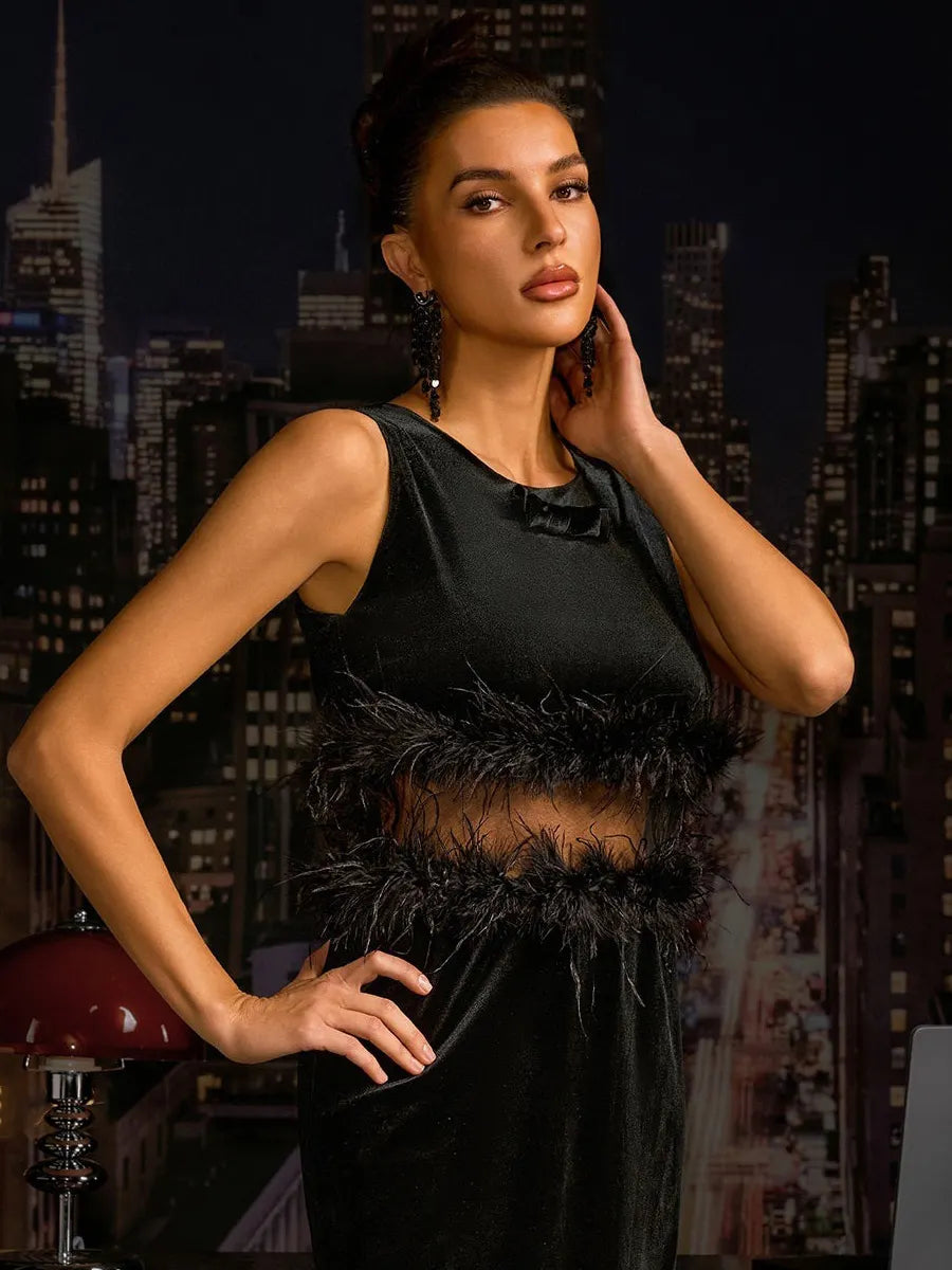 Ashlyn Sleeveless Feather Velvet Midi Dress