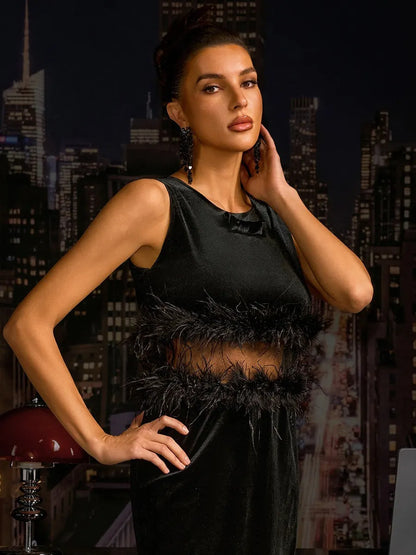 Ashlyn Sleeveless Feather Velvet Midi Dress