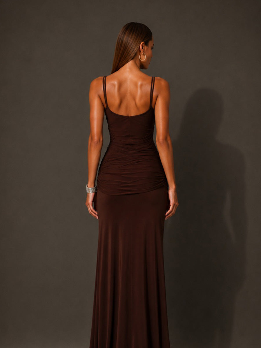 Evie Ruched Backless Maxi Dress with Streamers