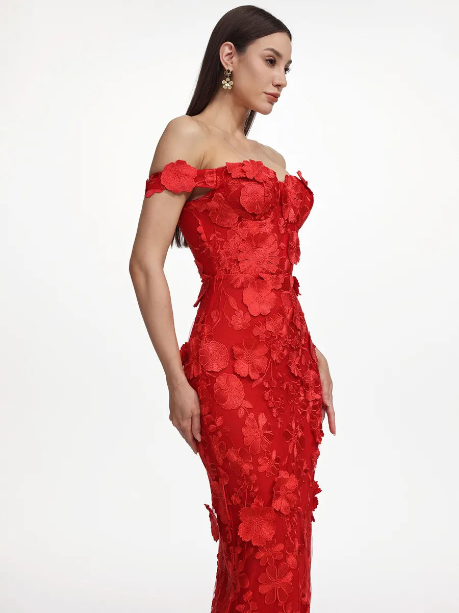 Jasmine Off Shoulder Floral Embroidered Maxi Dress