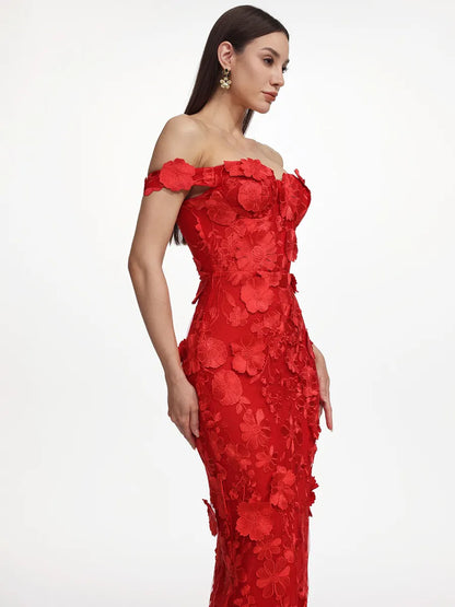 Jasmine Off Shoulder Floral Embroidered Maxi Dress