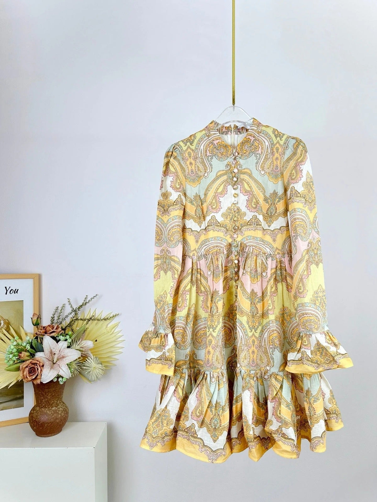 HIGH-NECK LONG-SLEEVE PRINTED DRESS IN PURPLE AND YELLOW
