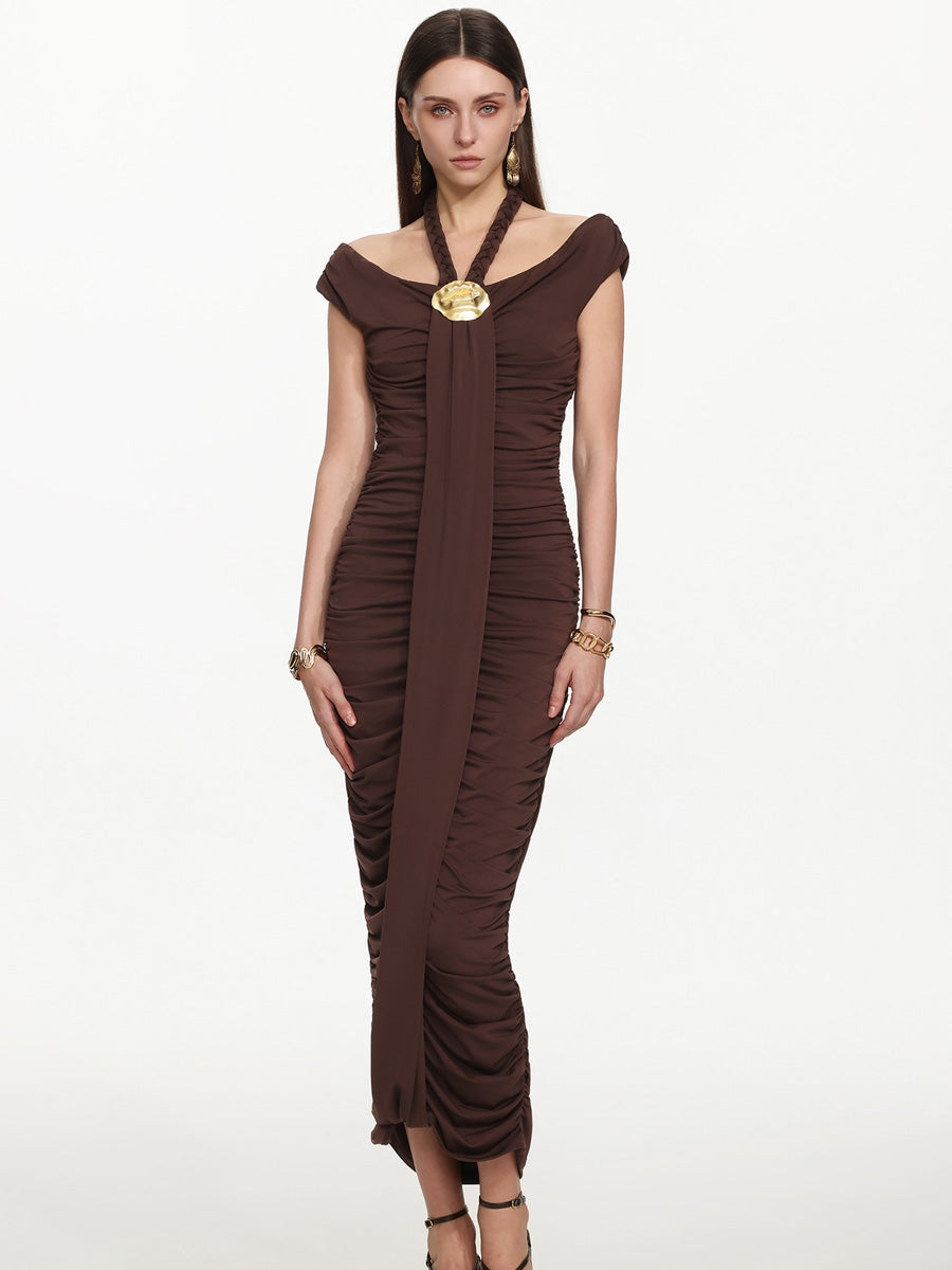 Greta Elegant Sleeveless Ruched Knit Brown Maxi Dress