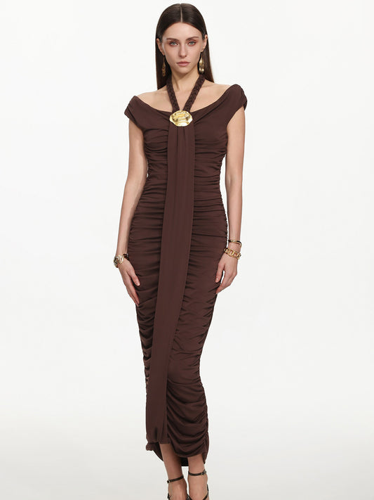 Greta Elegant Sleeveless Ruched Knit Brown Maxi Dress
