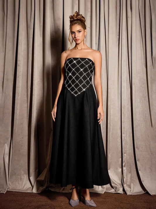 Elara Rhinestone Grid Formal Midi Dress