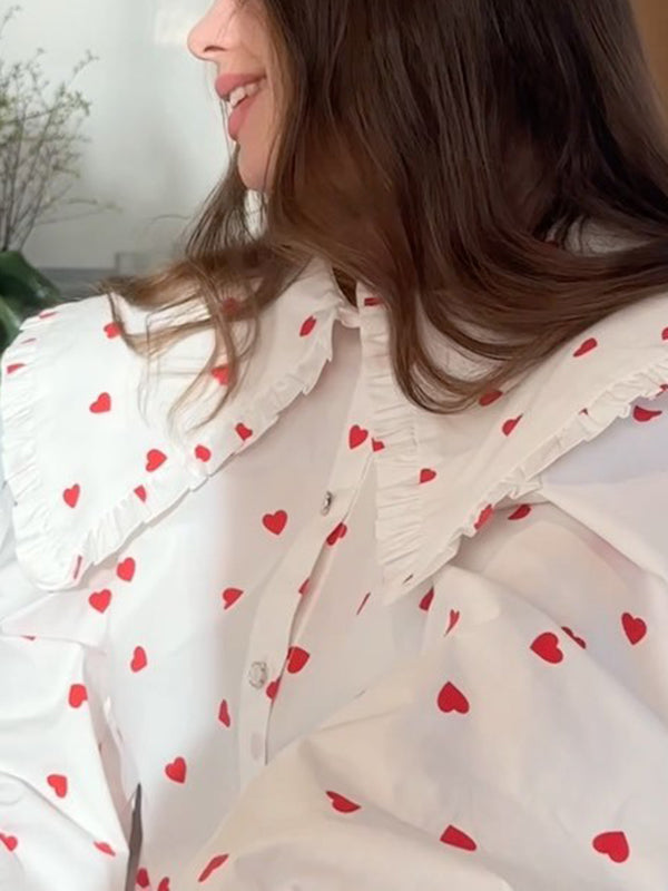 Loose Contrast Color Doll Collar Heart Print Blouses&Shirts Tops