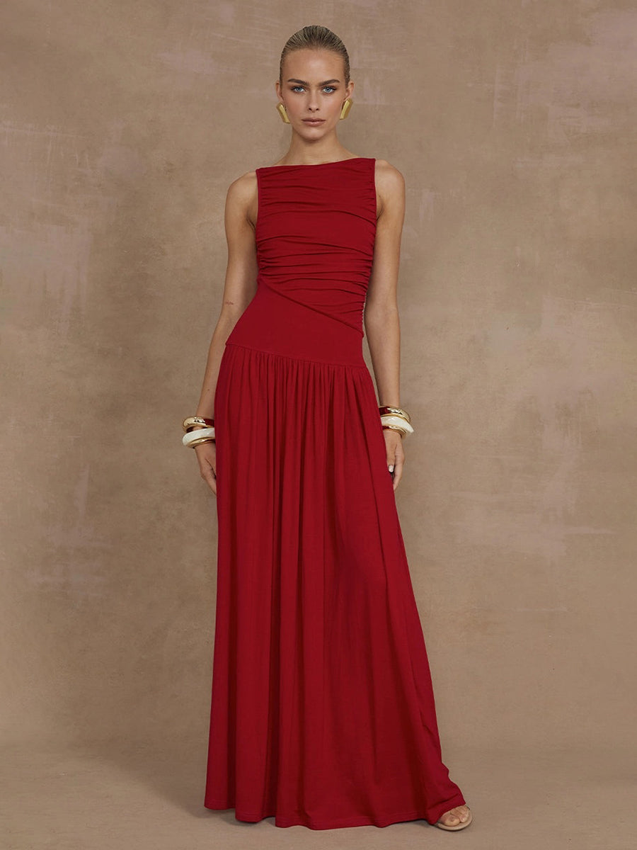 Naomi Red Ruched Sleeveless Flowy Maxi Dress