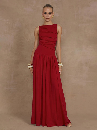 Naomi Red Ruched Sleeveless Flowy Maxi Dress