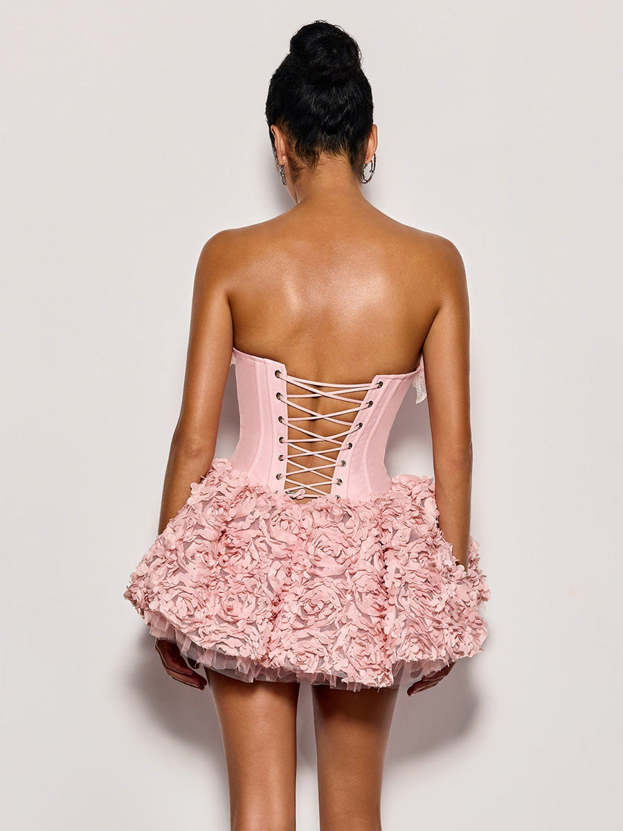 Bella Strapless Flower Mini Dress In Pink