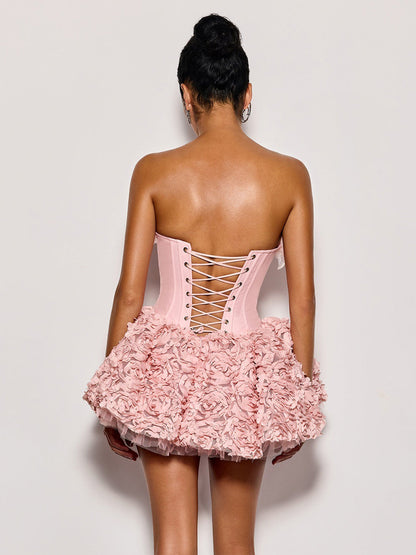 Bella Strapless Flower Mini Dress In Pink