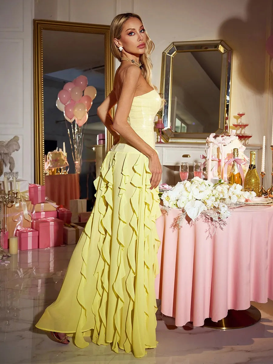 Nicolette Strapless Sequin Ruffle Maxi Dress