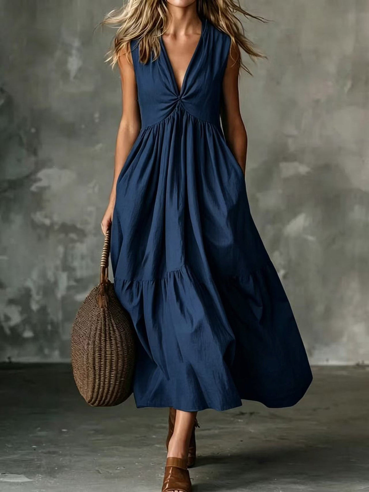 Twist Front V-Neck Sleeveless Pocket Textured Flowy Maxi Dress