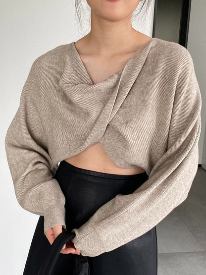 Batwing Sleeves Long Sleeves Knot Solid Color V-Neck Pullovers Sweater Tops
