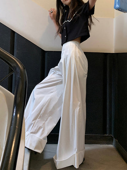 High Waisted Wide Leg Pleated Solid Color Casual Pants Bottoms Flared Trousers