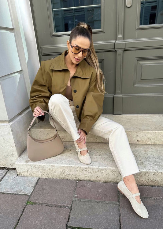 Cropped Button Up Jacket Khaki Lightweight Fabric