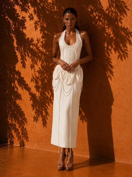 Elora Elegant Pearl-Embellished Maxi Dress