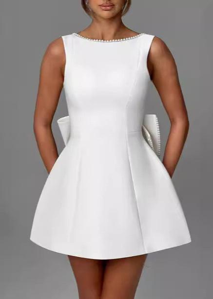Mini Dress White Sleeveless Pearl Trim Bow Back