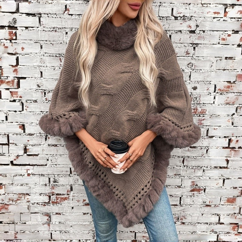 Fur Collar Cable Knit Sweater Cape
