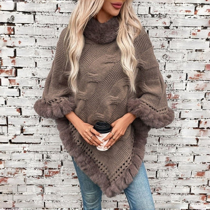Fur Collar Cable Knit Sweater Cape