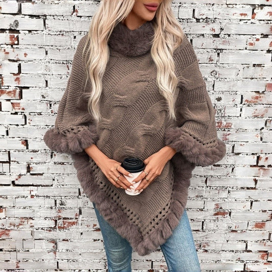 Fur Collar Cable Knit Sweater Cape