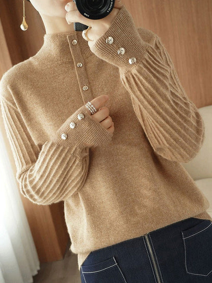 Casual Puff Sleeves Long Sleeves Solid Color Half Turtleneck Sweater Tops
