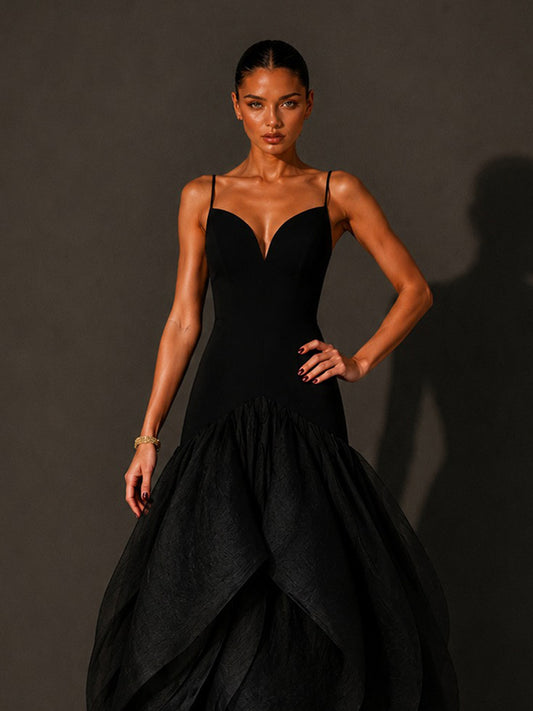 Naomi Petal-Hem Spaghetti-Strap Maxi Dress