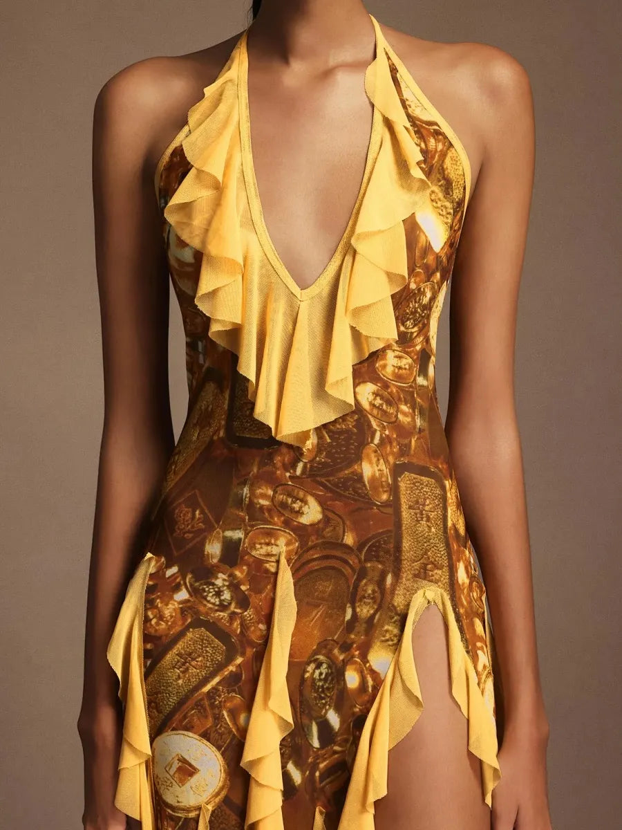 Seraphina Print Halter Ruffled Chiffon Maxi Dress