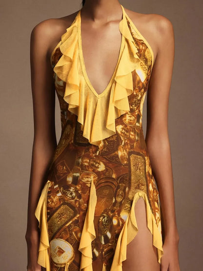 Seraphina Print Halter Ruffled Chiffon Maxi Dress