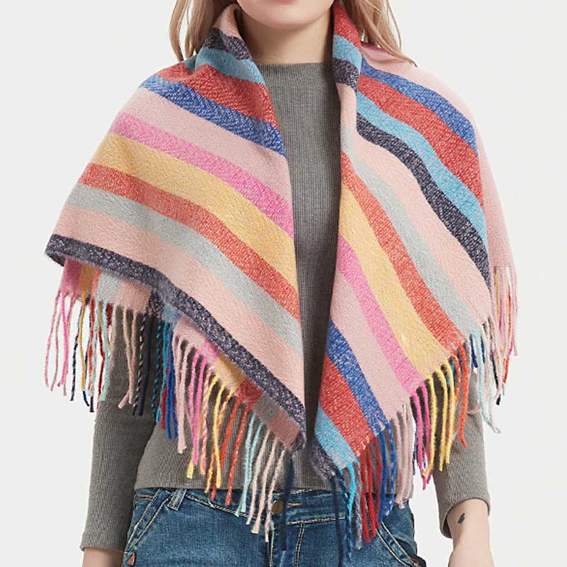 Winter Color Block Striped Tassel Square Scarf