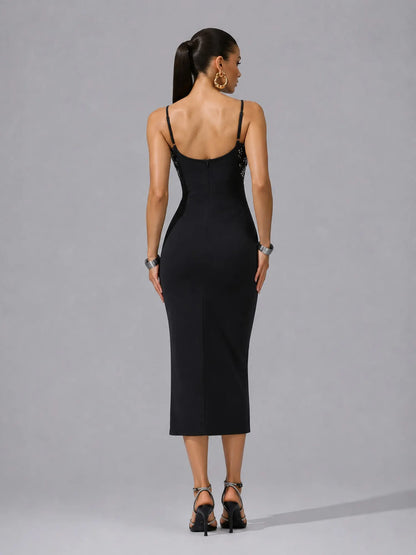 Nadira Elegant Sleeveless Rhinestone Cutout Bow Midi Dress