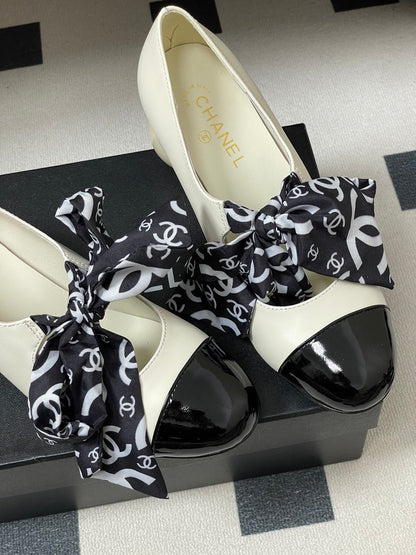 CC 26 Double C Pearl Heel Pump With Silk Ribbon White Sheepskin 593157