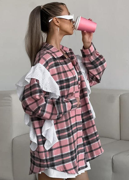 Plaid Poplin Shirt Cotton Polyester Pink Ruffle Detail