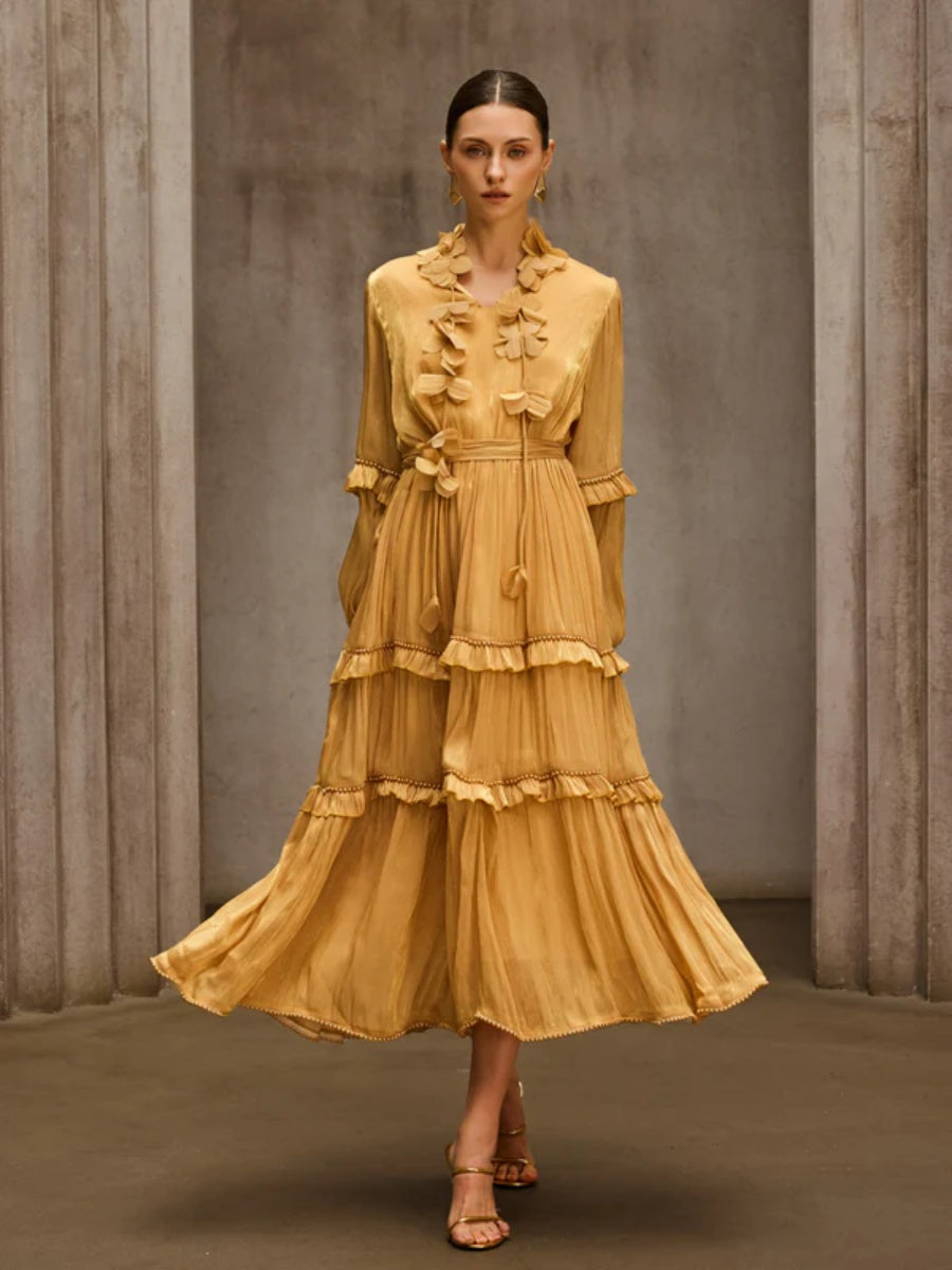 Vivienne Tiered Floral-Appliqué Chiffon Midi Dress
