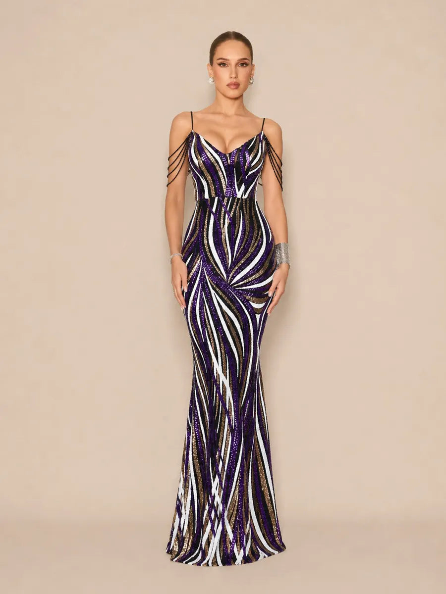 Abrielle Chic Contour V Neck Sequin Stripe Purple Maxi Dress