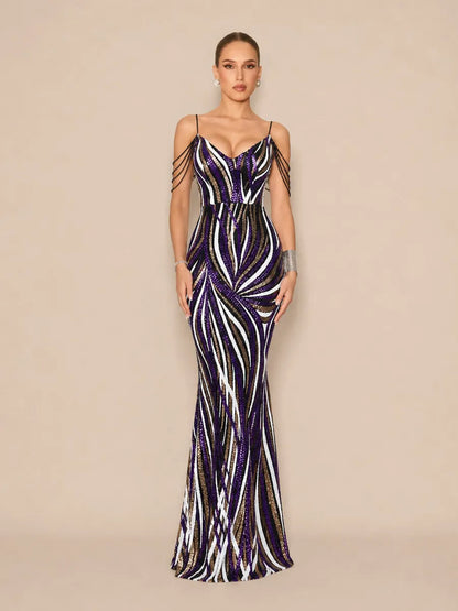 Abrielle Chic Contour V Neck Sequin Stripe Purple Maxi Dress