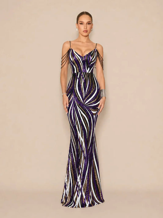 Abrielle Chic Contour V Neck Sequin Stripe Purple Maxi Dress