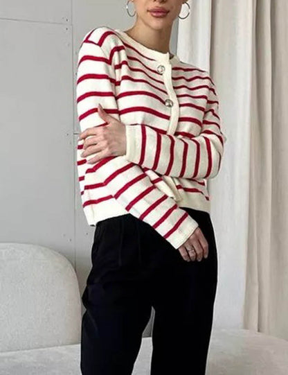 Round Neck Striped Long Sleeve Knit Cardigan