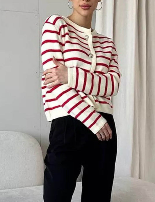 Round Neck Striped Long Sleeve Knit Cardigan