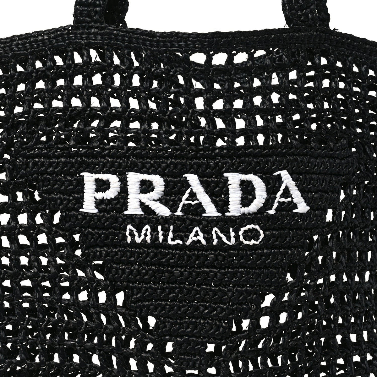 Yarn Raffia Effect Crochet Logo Embroidered Tote Bag Black