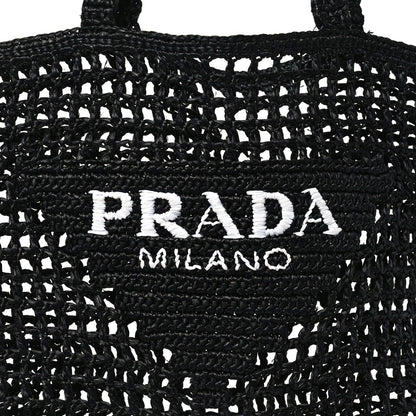 Yarn Raffia Effect Crochet Logo Embroidered Tote Bag Black
