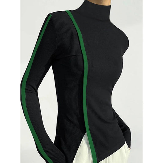Long Sleeves Skinny Contrast Color Split-side High-neck T-Shirts Tops