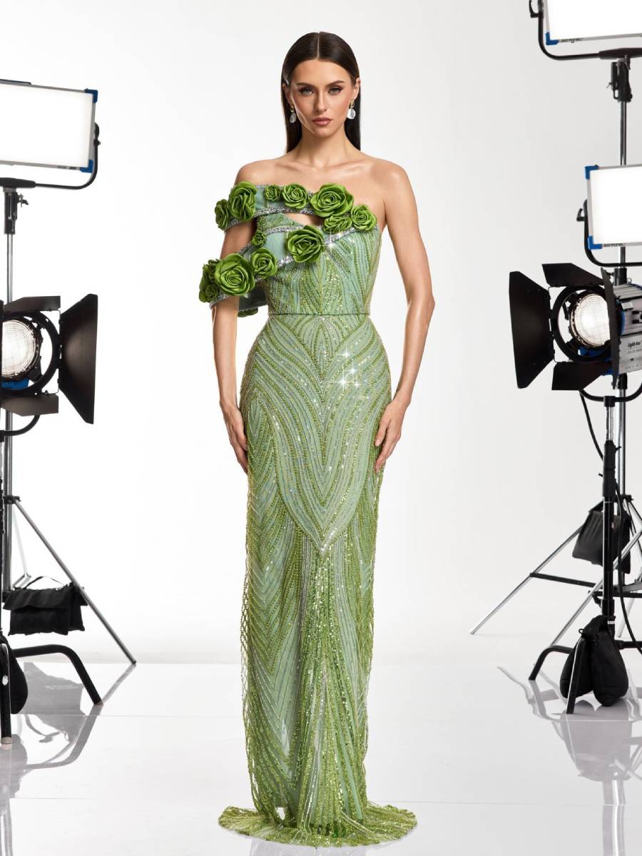 Audrey Flower Sequin Rhinestone Maxi Dress