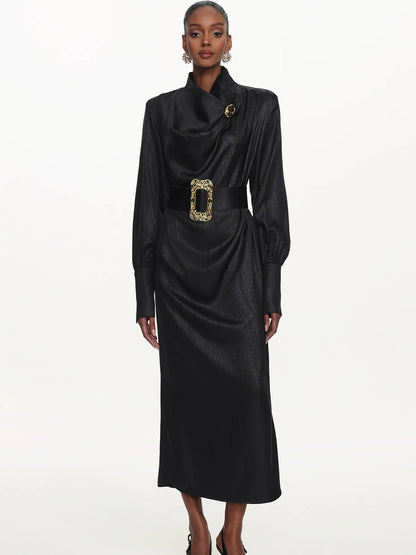 Azariah Cowl Neck Long Sleeve Belted Maxi Dress