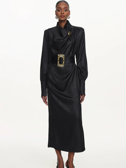 Azariah Cowl Neck Long Sleeve Belted Maxi Dress