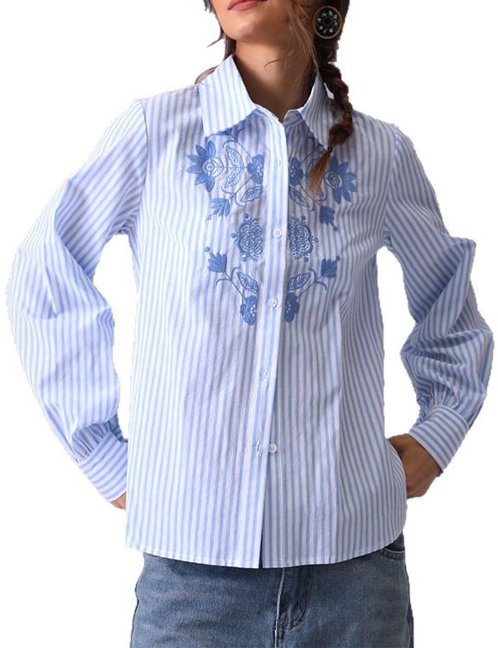 Casual Striped Embroidered Long Sleeve Shirt