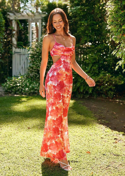 Floral Silk Maxi Dress with Cross Back Straps